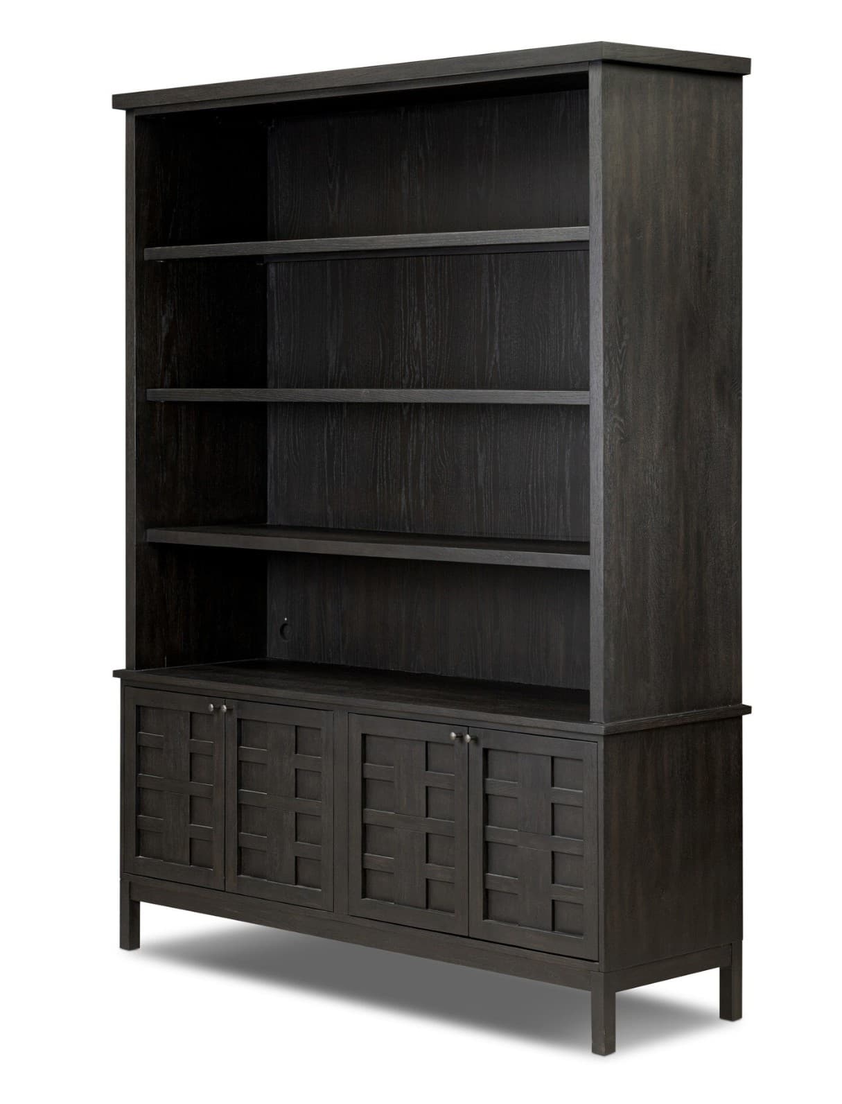 A tall, dark wooden bookcase with an open shelving unit above a cabinet base. The cabinet features four doors with a geometric, lattice-like carved pattern and small silver knobs. The upper section has multiple shelves. — 3D model