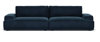 A modern, deep navy blue upholstered sofa with a low profile and plush cushions. It features clean lines, a square armrest on the left, and appears to be a modular or two-seat design, with visible seams dividing the seat and back cushions. — 3D model