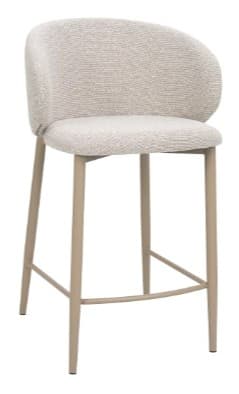 A contemporary bar stool featuring a fully upholstered seat and backrest, supported by slender metal legs. The backrest is rounded and partially wraps around the sides, offering a bucket-like seating experience. A horizontal footrest connects the front legs, while a rear stretcher connects the back legs, providing stability. — 3D model