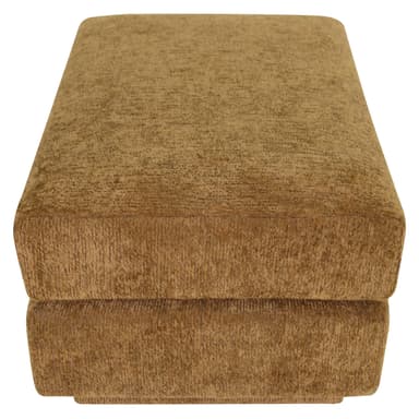 A rectangular upholstered ottoman featuring a textured golden-tan fabric. The design is a solid, block-like form with a slightly recessed base, giving it a sturdy, legless appearance. The upholstery has a subtle vertical pile texture across all visible surfaces. — 3D model