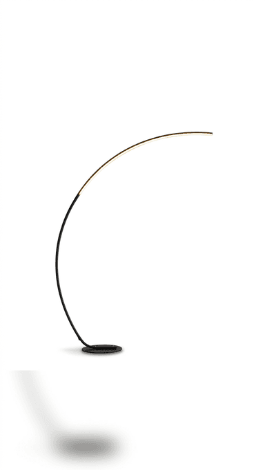 A sleek, modern floor lamp characterized by its minimalist design, featuring a slender, arcing black metal body and an integrated LED lighting strip. The lamp stands on a flat, circular base, providing stable support for its tall, curved silhouette. — 3D model