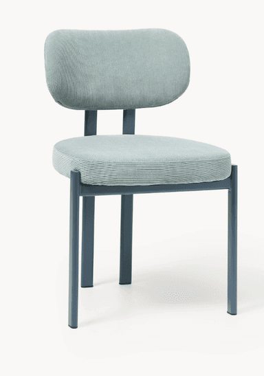 A modern chair with a slightly curved backrest and a separate seat cushion. The frame and legs are constructed from tubular metal. The upholstery is a light blue corduroy fabric. — 3D model