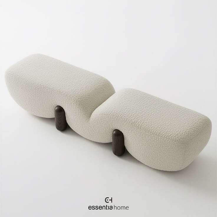 A modern, sculptural bench featuring a wavy, organic form, upholstered in light-colored boucle fabric, and supported by dark cylindrical wooden legs. — 3D model