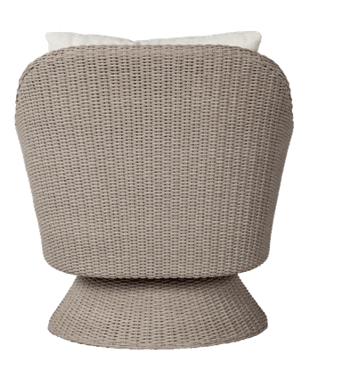 A swivel armchair with a rounded, enveloping backrest and arms. The base is a wide, tapered pedestal that allows for rotation. The construction appears to be woven, likely synthetic rattan or wicker, giving it a textured, naturalistic appearance. It is upholstered with thick, light-colored cushions for the seat and back. — 3D model