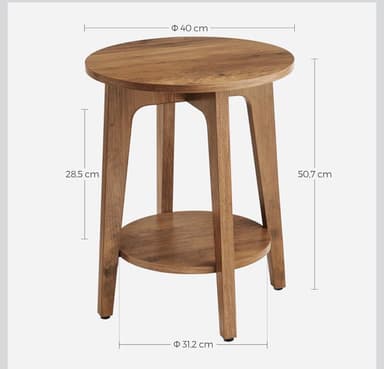 A round wooden side table featuring a natural wood grain finish, three splayed legs, and an additional circular lower shelf. The table's design is minimalist and functional. — 3D model