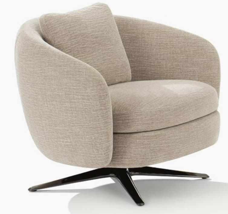 A modern armchair with a rounded, enveloping silhouette and a swivel base. It features a plush seat and backrest upholstered in a textured fabric, and includes a separate lumbar cushion for added comfort. The base is a star-shaped swivel mechanism with four splayed legs, finished in a dark, matte color. — 3D model