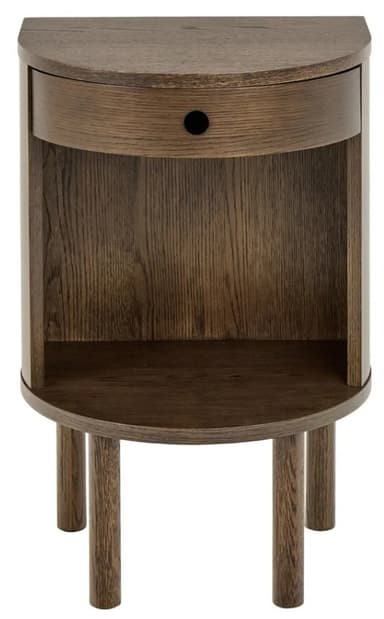 A semicircular wooden nightstand with a single drawer and an open shelf below. It is supported by four cylindrical legs. — 3D model