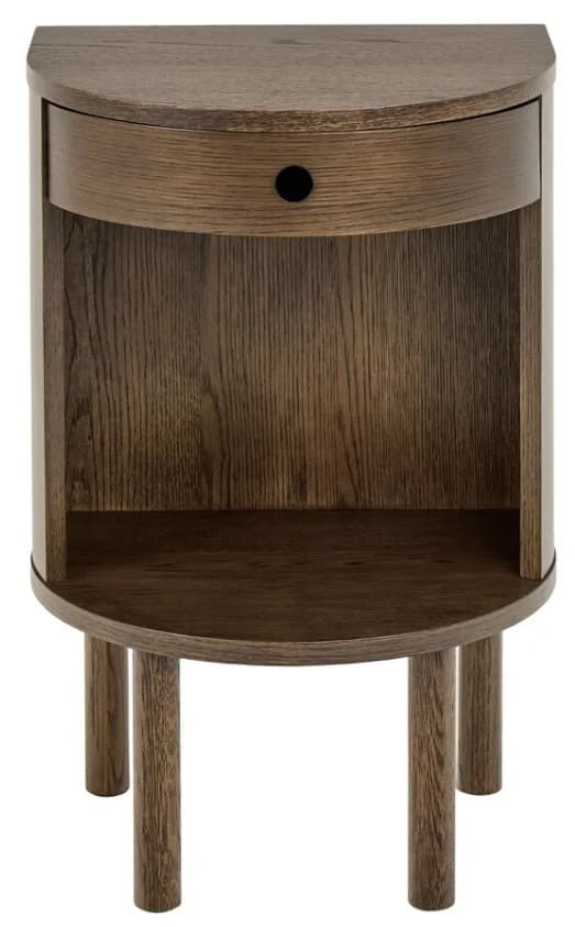 A semicircular wooden nightstand with a single drawer and an open shelf below. It is supported by four cylindrical legs. — 3D model
