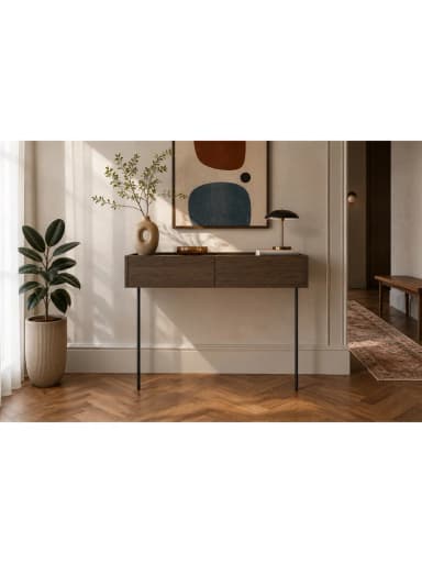 A modern and minimalist console table featuring a rectangular dark wood-effect top section with two integrated, handleless drawer fronts. The table stands on two slender, straight black metal legs, creating a clean and airy aesthetic. — 3D model