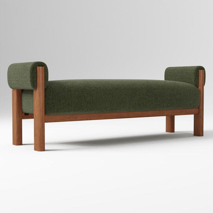 A modern upholstered bench featuring a wooden frame and dark green fabric upholstery for the seat and cylindrical bolster-style armrests. — 3D model