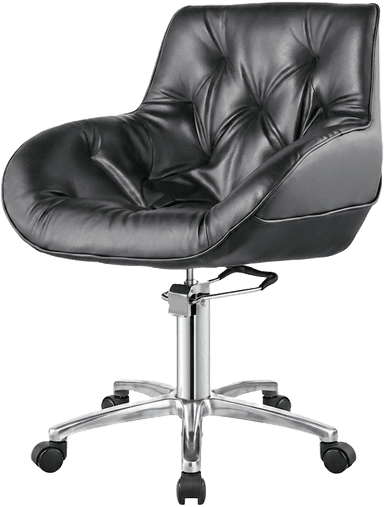 A contemporary black faux leather swivel desk chair with deep tufting and a polished chrome five-star caster base. — 3D model