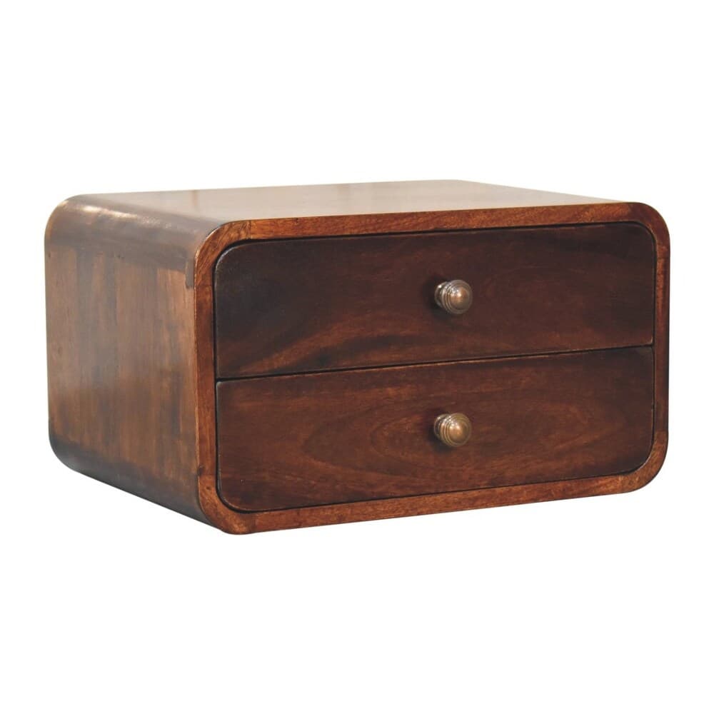 A compact wooden chest of drawers with rounded edges and two drawers. Each drawer has a knob for opening. The wood has a rich, dark brown finish with visible grain patterns. The piece appears to be designed for tabletop or shelf placement. — 3D model