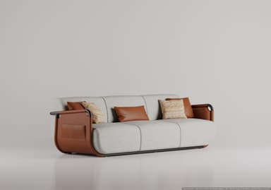 A three-seat sofa with a light gray textured fabric upholstery. The sofa features curved, rounded arms and base with a brown leather accent. It is adorned with decorative throw pillows: two square pillows with a geometric pattern in yellow, brown, and white, and one rectangular brown leather pillow. — 3D model