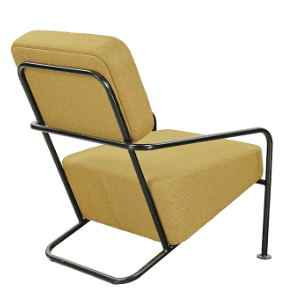 A modern armchair with a minimalist design. It features a slender black metal frame that forms the legs, armrests, and back support. The seat and backrest are upholstered in a textured yellow fabric. — 3D model