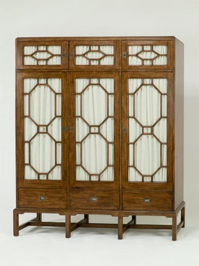 A tall, rectangular, dark wood storage cabinet featuring three vertical sections. Each section includes an upper door with an intricate geometric lattice overlay, backed by a light-colored opaque panel, and a lower storage drawer. The cabinet rests on a plinth base with short, block-style legs, indicative of Asian-inspired design. — 3D model