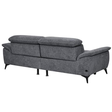 A modern grey fabric sofa with visible stitching, featuring adjustable headrests and black tapered metal legs. The presence of control buttons on the armrest indicates a reclining mechanism. — 3D model