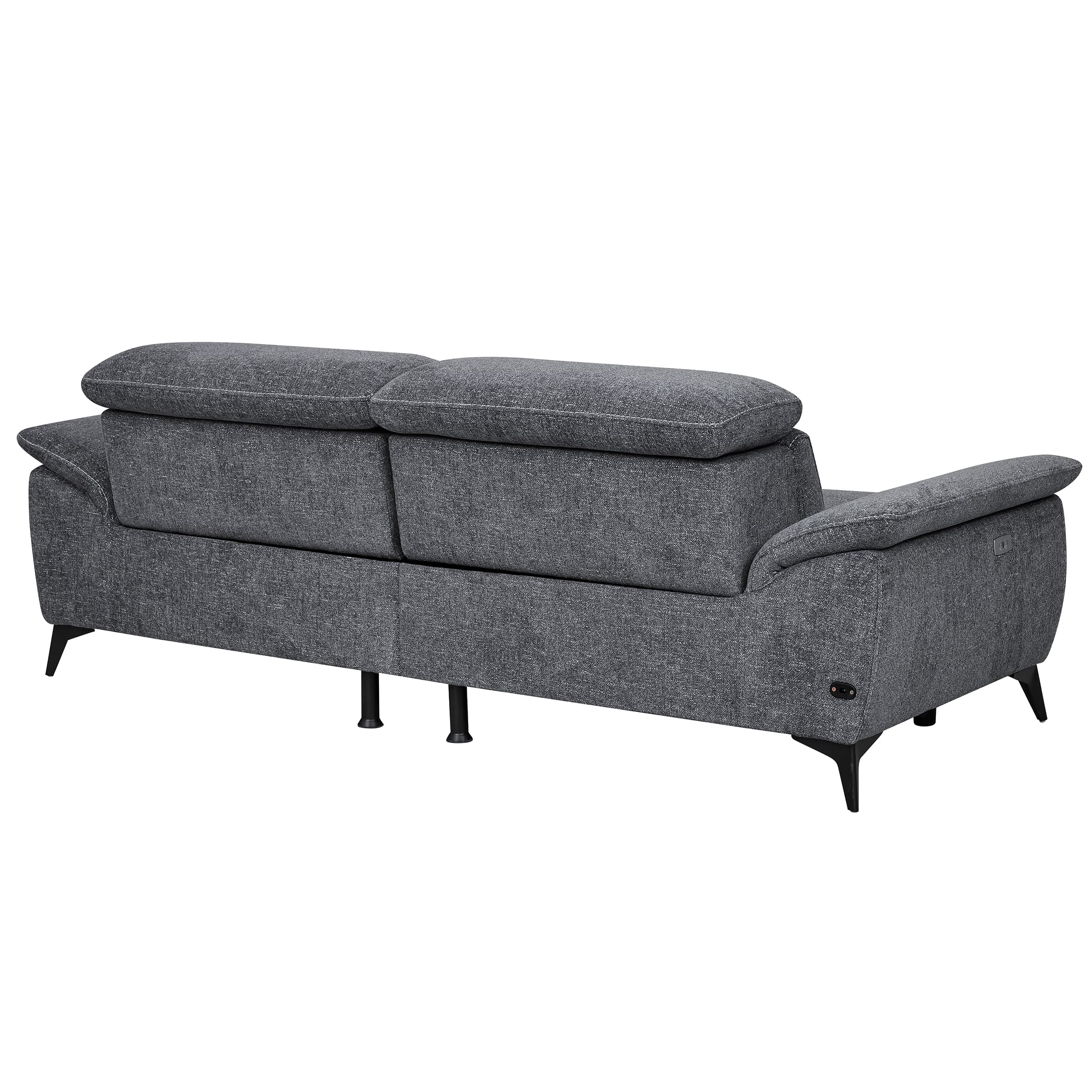 A modern grey fabric sofa with visible stitching, featuring adjustable headrests and black tapered metal legs. The presence of control buttons on the armrest indicates a reclining mechanism. — 3D model