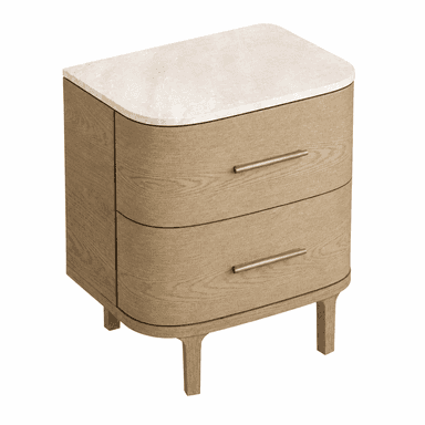 A modern two-drawer nightstand featuring a light-toned marble top and a wooden body with rounded edges. It includes two pull-out drawers with sleek metallic bar handles and stands on short, tapered wooden legs. — 3D model