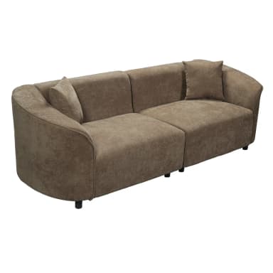 A modern three-seater sofa characterized by its distinctive rounded and inward-curving armrests and a low-profile design. The sofa is upholstered in a textured taupe fabric, giving it a soft yet durable appearance. It features two prominent, plush seat cushions that appear to be individually supported, suggesting a two-section or modular construction. Two smaller, matching throw pillows are placed at each end. The sofa rests on short, dark, cylindrical legs, which contribute to its contemporary aesthetic. — 3D model