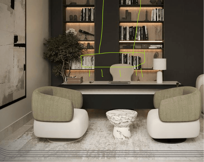 A contemporary swivel tub chair featuring a rounded, continuous backrest and integrated armrests upholstered in a light olive green textured fabric. The seat cushion is a contrasting off-white or cream color, and the chair sits on a low-profile, circular swivel base. — 3D model