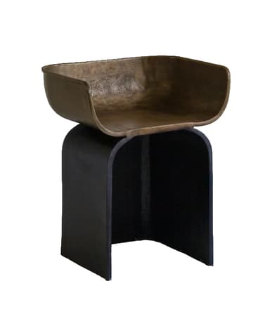 A contemporary accent chair featuring a distinctive two-part construction. The seat is a shallow, contoured bucket shape with integrated low sides, exhibiting a patinated bronze or brass finish. This metallic upper is supported by a solid, dark, U-shaped base, likely constructed from wood or a wood composite, presenting a modern, sculptural aesthetic. — 3D model