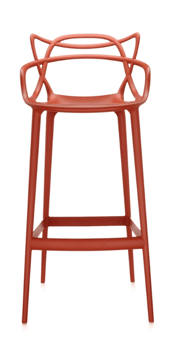 A high-backed bar stool with integrated armrests, made from a single molded piece of polymer in a terracotta color. It features an intricate, organic, and sculptural design for the backrest and arms, and stands on four tapered legs with a rectangular footrest. — 3D model