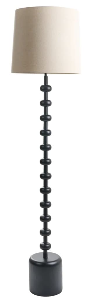 A contemporary floor lamp featuring a stacked bobble-style stem and a cylindrical drum shade. The base and stem are made of wood with a matte black finish, while the shade is a light-colored fabric, likely off-white or cream. — 3D model