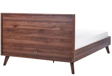 A mid-century modern style platform bed featuring a dark walnut-finished wooden frame and a headboard with cane webbing panels. — 3D model