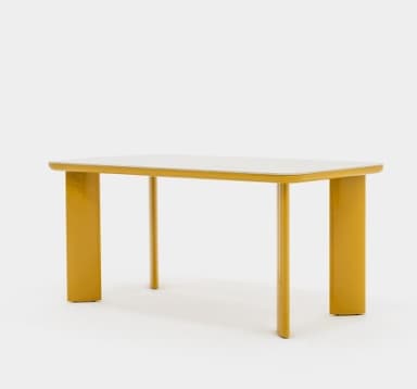 A modern console table featuring a minimalist design with a vibrant yellow finish on its base and legs. The table has a rounded rectangular top, which appears to be a lighter, possibly off-white or light gray, contrasting with the mustard yellow of the support structure. The legs consist of two thick, rectangular block supports at either end and two thinner, cylindrical legs positioned towards the center. The design emphasizes clean lines and a bold color choice, creating a contemporary aesthetic. — 3D model