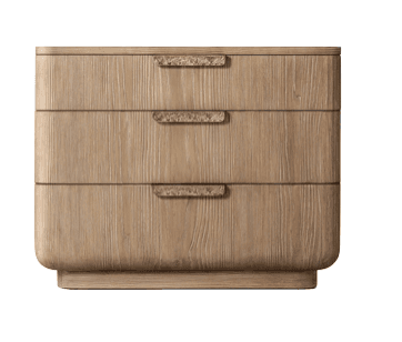 A three-drawer dresser with rounded corners and integrated handles. The wood grain is prominent, running horizontally across the drawer fronts and vertically on the side panels. The handles have a textured, metallic appearance. — 3D model