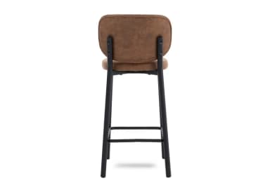 An industrial-style bar stool featuring a distressed brown faux leather upholstered seat and backrest, supported by a matte black metal frame with an integrated footrest. — 3D model