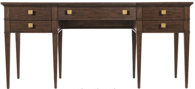 A traditional dark-stained wooden writing desk featuring a rectangular top, multiple drawers, and tapered fluted legs. It has a central kneehole space and is adorned with square brass pull handles featuring a Greek key motif. — 3D model