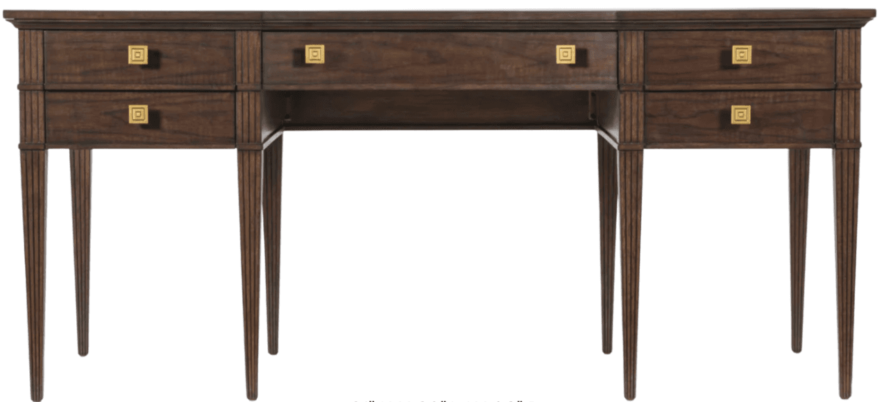 A traditional dark-stained wooden writing desk featuring a rectangular top, multiple drawers, and tapered fluted legs. It has a central kneehole space and is adorned with square brass pull handles featuring a Greek key motif. — 3D model