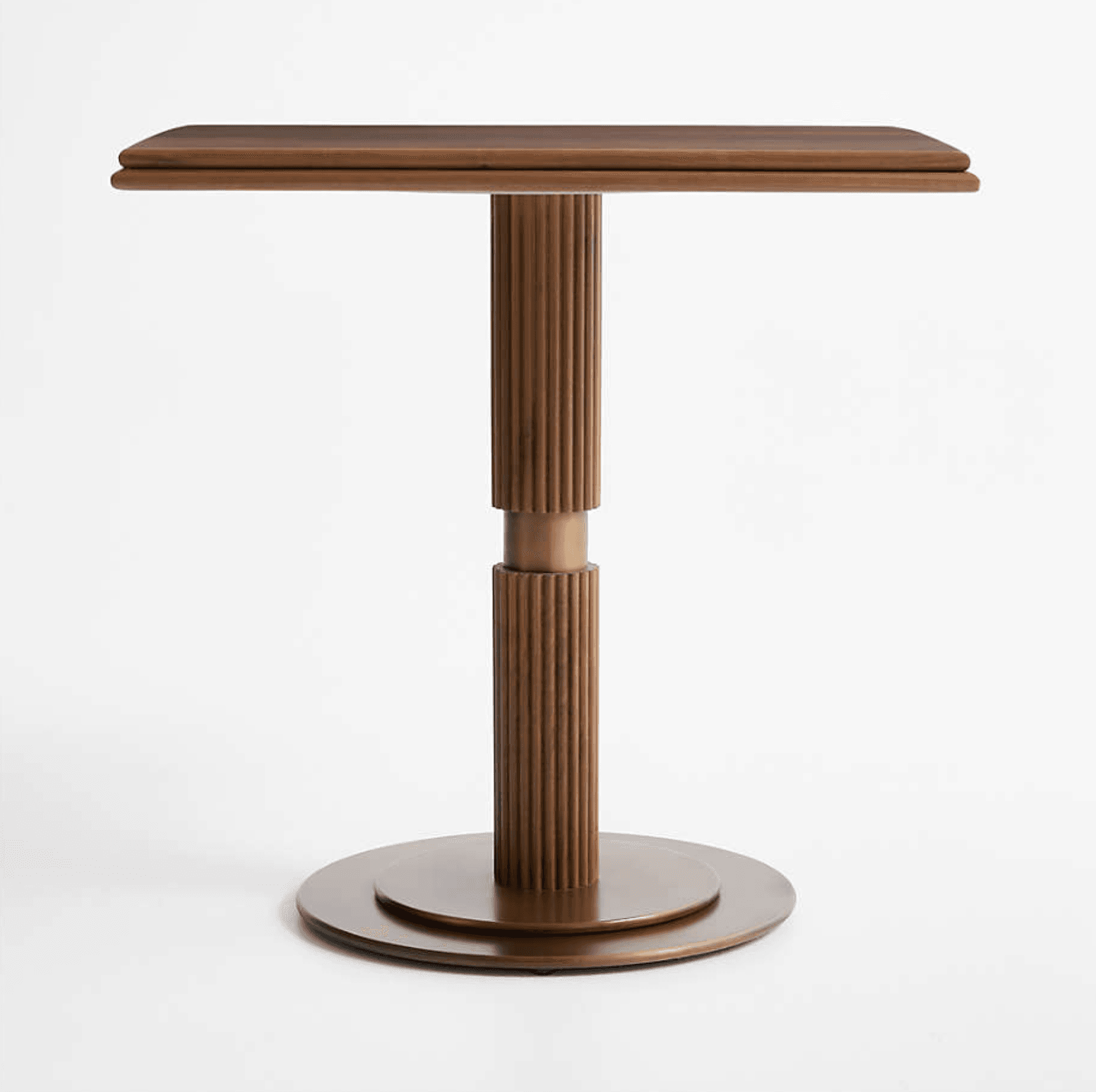A square-top side table with a fluted wooden pedestal that splits into two sections, connected by a brass-toned cylindrical accent. The base is a circular, tiered metal design in a brass tone. — 3D model