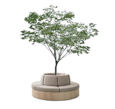 A modern circular upholstered bench designed to encircle a tree or planter, featuring modular segments with a light wood base. — 3D model