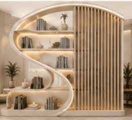 A modern, S-shaped bookshelf with multiple curved shelves, an integrated slatted wooden panel, and LED lighting along the inner edges of the shelves. It is presented in a light cream/beige color with natural wood accents. — 3D model