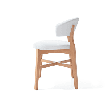 A modern armchair with a curved backrest and seat, supported by a wooden frame. The seat and backrest appear to be upholstered in a dark material, possibly leather or a synthetic imitation, with a lighter, possibly white or light gray, upholstered outer shell on the back. The frame consists of four legs connected by crossbars, with the back legs extending upwards to form the support for the backrest. The wood is light-colored and has a smooth finish. — 3D model