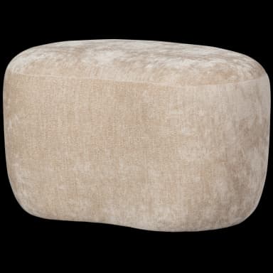 The image displays a single, kidney-bean shaped floor cushion. It is fully upholstered in a light beige or taupe plush, textured fabric, likely velvet or chenille. The edges are soft and rounded, indicating a padded construction. The object is presented against a black background, highlighting its organic form and soft appearance. — 3D model