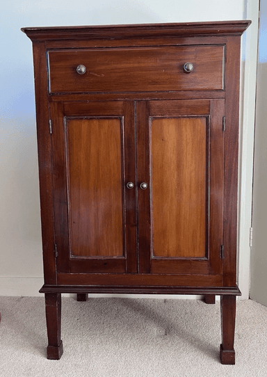 A small, traditional wooden cabinet featuring a single drawer at the top and two cabinet doors below. The cabinet is constructed from a dark reddish-brown wood, with the door panels showcasing a contrasting lighter, yellowish-brown wood. It stands on four tapered square legs and is equipped with classic metal knob hardware. — 3D model