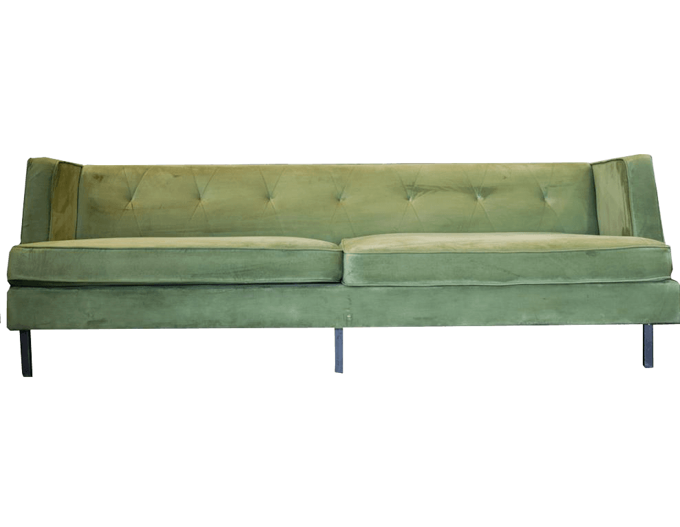 A contemporary three-seater sofa with a tufted backrest and straight armrests. The sofa features a plush velvet upholstery and sits on thin, dark metal legs. — 3D model
