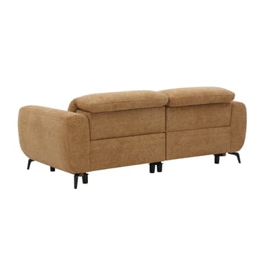 A contemporary two-seater sofa, also known as a loveseat, upholstered in a light brown or tan textured fabric. It features integrated electric reclining functionality with controls visible on the armrest. The design includes rounded armrests and back cushions, supported by sleek, angled black metal legs. — 3D model