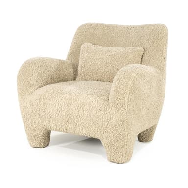 A cream-colored armchair with a rounded silhouette, upholstered in a textured fabric resembling boucle or sherpa. It features broad, enveloping arms, a high back, and four short, chunky legs. A small, square throw pillow with matching upholstery is placed on the seat against the back. — 3D model