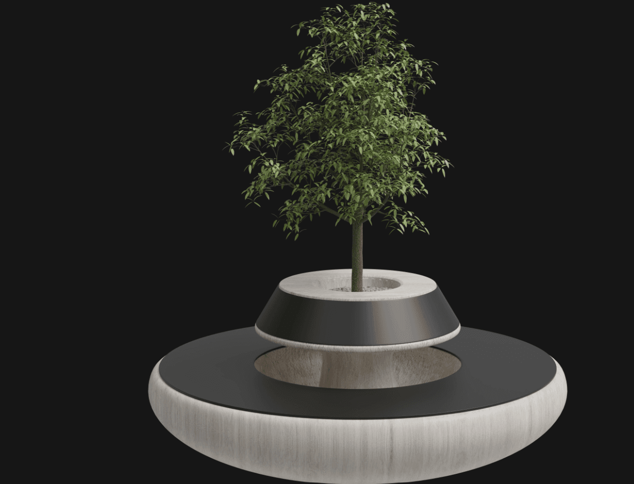 A modern circular bench featuring an integrated central planter, designed with a two-tiered structure. The main body is made of a light-toned wood with a visible grain, accented by dark, possibly matte black, panels on the top surfaces of each tier. A small tree is planted within the central, elevated planter. — 3D model
