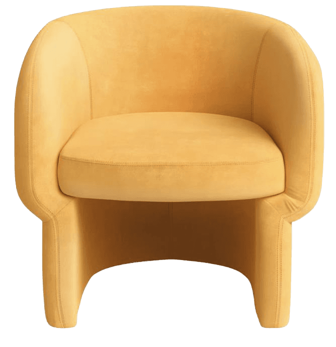 A modern armchair with a rounded, enveloping back and seat. The armchair features integrated armrests that flow seamlessly from the backrest. The base is formed by two solid, slightly curved legs at the front and back, creating a unique, almost pedestal-like appearance. The upholstery appears to be a soft, textured fabric. — 3D model