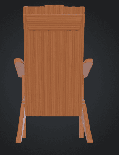 A high-back wooden armchair, viewed from the rear. The chair is constructed entirely of wood with a warm, natural brown finish. It features a tall, solid backrest with a distinctive horizontal grooved detail near the top. Substantial, flat armrests are partially visible extending from the sides. The chair's frame includes sturdy, angled rear legs, suggesting a stable and robust construction. The design appears functional and solid. — 3D model