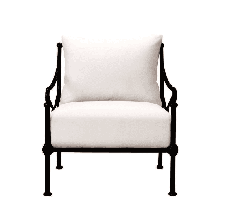 A black metal armchair with white cushions. The frame has ornate curved arms and legs. It appears to be designed for outdoor or patio use. — 3D model