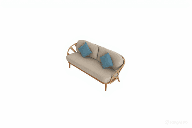 A three-seater sofa with a wooden frame and woven rope detailing on the backrest. The sofa has cushioned seating and back support, with two small accent pillows in a contrasting blue color. The legs are tapered and made of wood. — 3D model