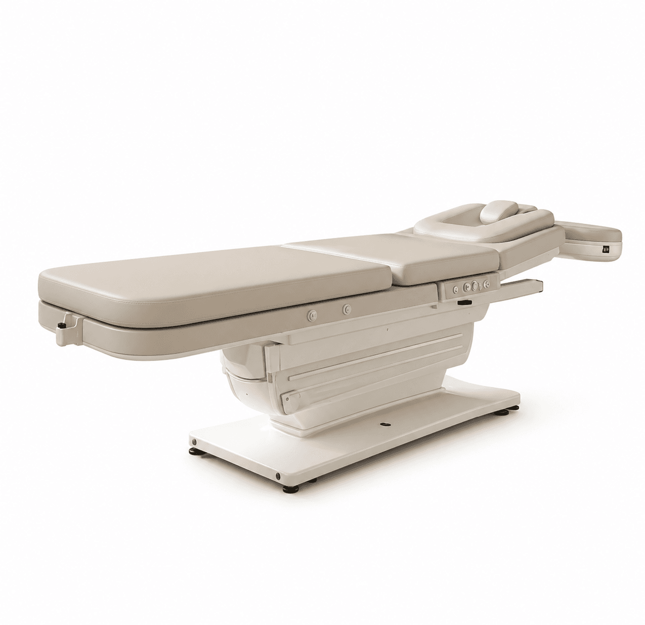 An electric adjustable treatment table featuring a multi-section padded top upholstered in light beige synthetic leather. The robust base is off-white and houses the electric motor for height and position adjustments. It includes an adjustable headrest with a face cradle and integrated control buttons on the side. — 3D model