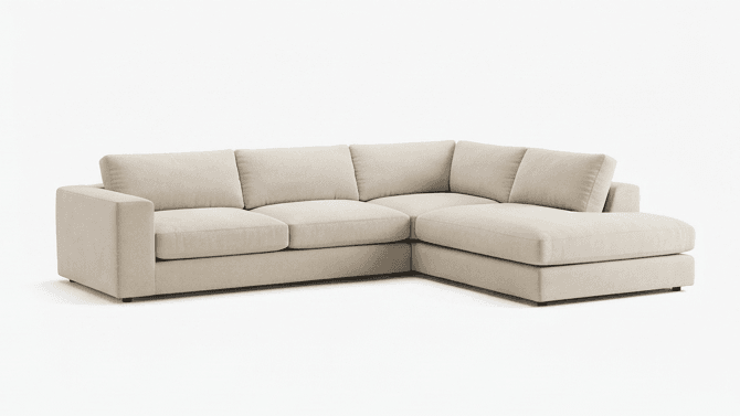 A sectional sofa with a chaise lounge extension. It features plush cushions for the seat and back, and a low-profile armrest on the left side. The sofa is upholstered in a textured fabric and rests on short, dark wooden legs. — 3D model