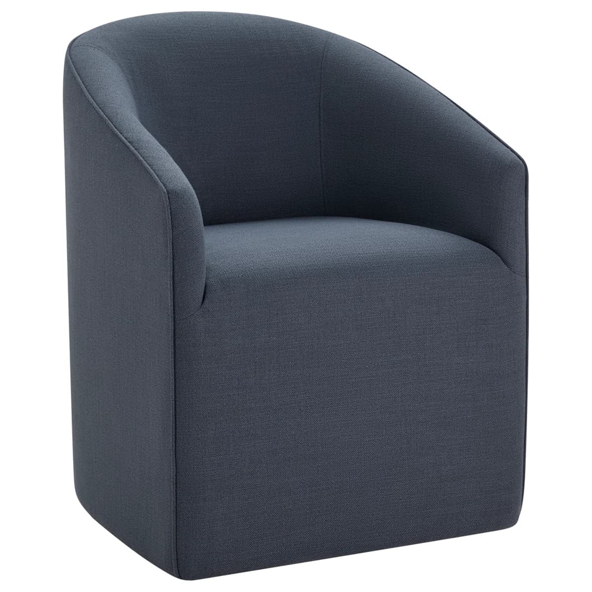 An upholstered barrel armchair with a rounded back and integrated arms, featuring a solid, enclosed base and a dark blue-grey woven fabric. — 3D model